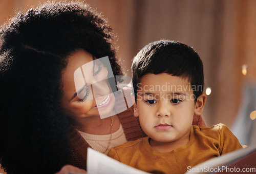 Image of Night, book and mother with child in bedroom for bedtime storytelling, fairytale and education. Reading, happiness and smile with boy listening to woman at home for learning, creative and literature