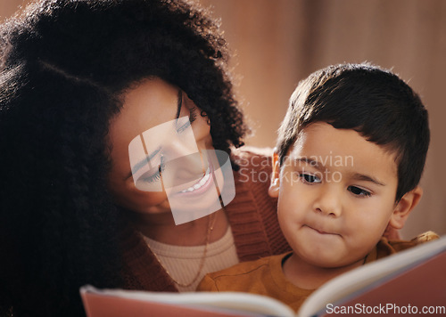 Image of Night, happy and mother with child and book for bedtime storytelling, fairytale and education. Relax, reading and smile with boy listening to woman at home for learning, creative and literature