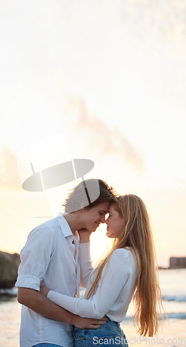 Image of Love, kiss and smile with couple at beach for romance, relax and vacation trip mockup. Travel, sweet and cute relationship with man and woman hugging on date for summer break, trust and bonding