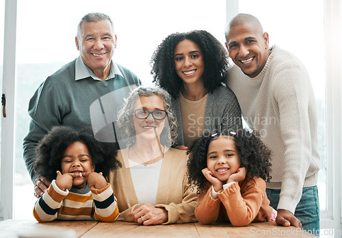 Image of Portrait, generations and family with smile, quality time and support with love, bonding together and care. Face, grandparents and mother with father, siblings and female children with support or joy