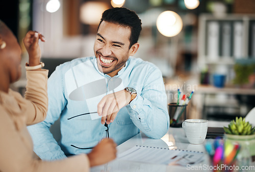 Image of Meeting, planning and collaboration with laughing people together while working in their business office. Collaboration, strategy and humor with a team joking at work while sitting in their workplace