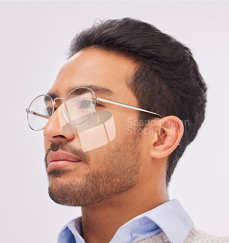 Image of Business, glasses and man thinking, concentration and professional with confidence, startup success and ideas. Male consultant, employee or ceo with eyewear, clear vision or opportunity for promotion