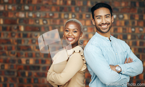 Image of Portrait, smile and business people with arms crossed in office for teamwork. Collaboration, cooperation and happy, confident and proud employees, black woman and man with pride for career diversity.