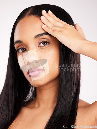 Image of Beauty, hair and portrait of woman in studio for keratin treatment, makeup and self care. Salon, texture and natural with model isolated on white background for cosmetics, satisfaction and results