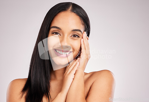 Image of Beauty, skincare and happy with portrait of woman in studio for spa treatment, cosmetics and self care. Face, glow and natural with model on white background for smile, satisfaction and results