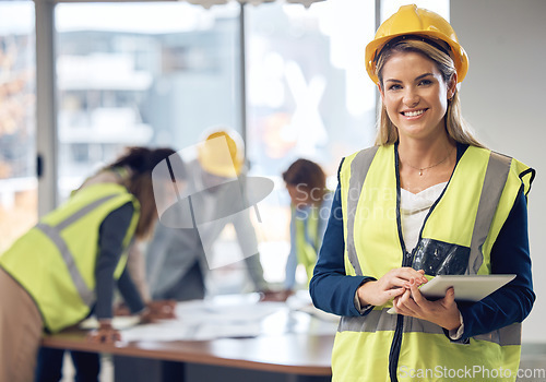 Image of Woman, architect and tablet in leadership for meeting, construction or planning architecture at office. Portrait of happy female engineer with touchscreen for industrial team management at workplace