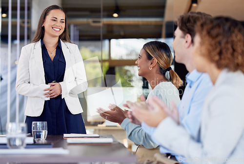 Image of Presentation, applause and success with woman and business people for idea, meeting and leadership. Celebration, strategy and speaker with employees clapping in office for seminar, goals and growth