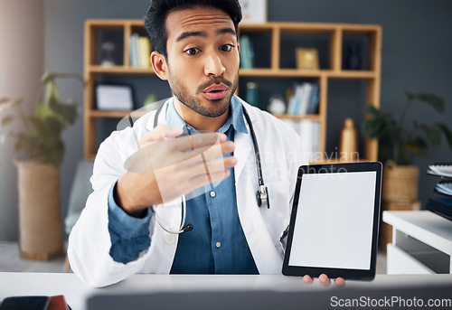 Image of Mockup, Asian man and doctor with tablet, explain diagnosis and healthcare issue in workplace. Male employee, medical professional and physician with device, talking and feedback for cure or solution