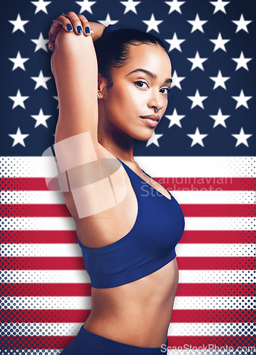 Image of Sports, fitness and portrait of black woman with American flag background for international competition. Confidence, pride and female runner stretching for workout or marathon race at athletic games.