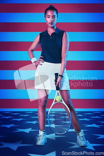 Image of Portrait, tennis and woman with American flag, fitness and training for wellness, balance and healthy lifestyle. Face, female player and athlete with racket, USA and lady with confidence and patriot