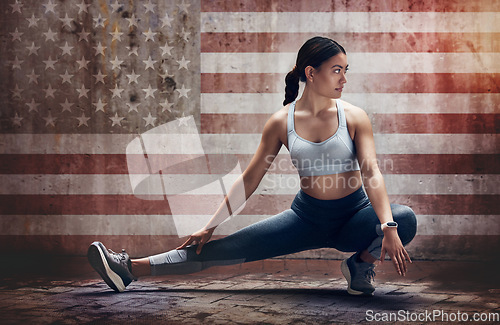 Image of Fitness, flag and a usa sports woman stretching in studio while getting ready for a cardio or endurance workout. Exercise, background and warm up with a female runner or athlete training for health