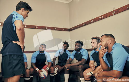 Image of Locker room, motivation and rugby team with coach or captain in strategy discussion or game plan. Training, coaching and group of sports players planning teamwork with leader in cloakroom together.