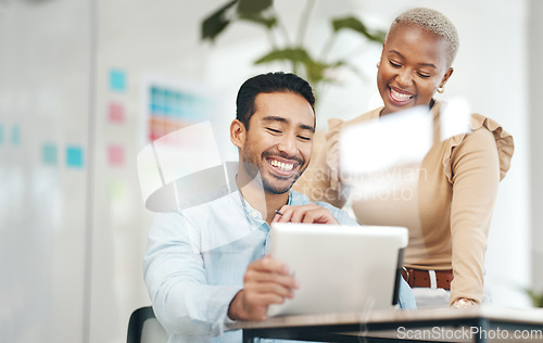 Image of Creative business people, tablet and smile for planning, design or digital marketing at the office desk. Happy asian man and black woman smiling with touchscreen for project plan or startup strategy
