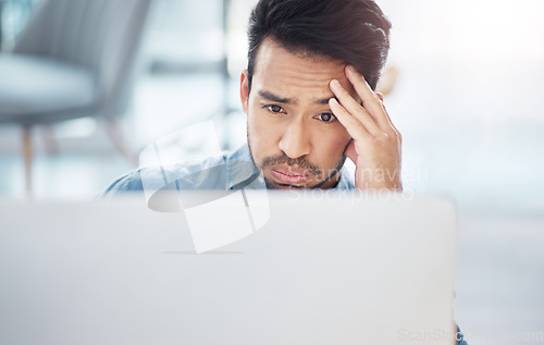 Image of Stress, computer and frustrated business man in office for difficult project, challenge and anxiety of problems. Confused male employee, desktop and headache for online mistake, 404 glitch and crisis