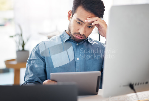 Image of Stress, tablet and bored business man in office for difficult project, challenge or burnout of brain fog. Confused male employee, digital technology and frustrated for online mistake, lazy and glitch