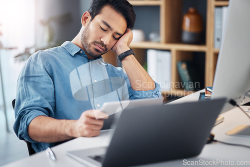 Image of Business man, tablet and sleeping at desk with burnout, stress and mental health. Fatigue, lazy and tired worker nap in office, digital technology and anxiety of depressed problem, challenge and fail