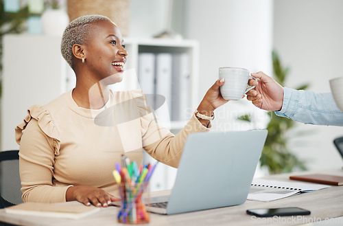 Image of Smile, black woman at desk and coffee break in creative office with laptop and cup in hands. Gratitude, tea time and happy African businesswoman at computer at startup business with mug from coworker