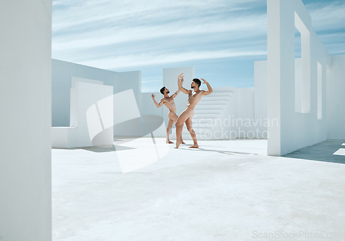 Image of Naked statue, art deco and men posing in open space architecture in the nude. Outdoor, live greek statues and model portray homosexual, power and fitness muscle display of creativity as artwork