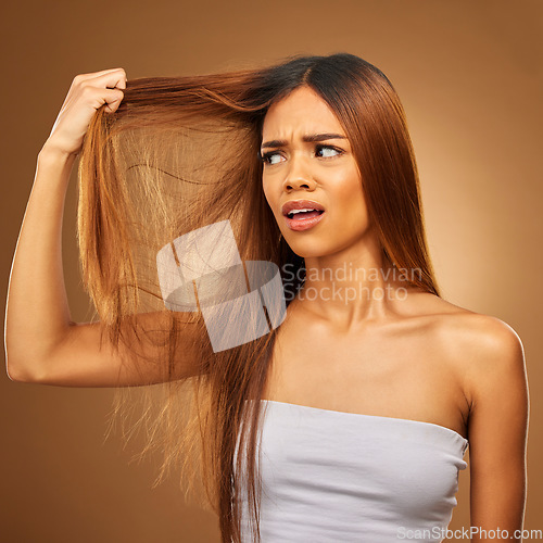 Image of Hair, problem and woman in studio frustrated with hair loss, split ends or damage against a brown background. Haircare, crisis and girl model with knot, messy and annoyed with salon results isolated