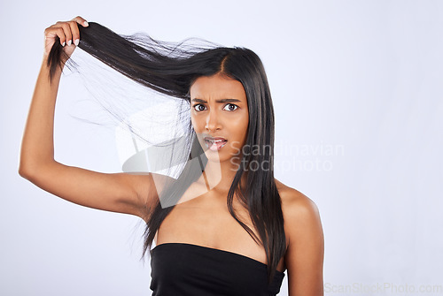 Image of Hair damage, breakage and portrait of a frustrated woman isolated on a white background in studio. Bad, unhappy and an Indian girl sad about split ends, tangled hairstyle and frizzy haircare