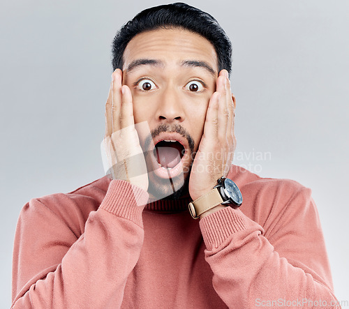 Image of Portrait, surprise and Indian man with hands on face in shock, wow and omg for announcement in studio. Emoji, meme and excited person with shock for gossip, news or information on white background.