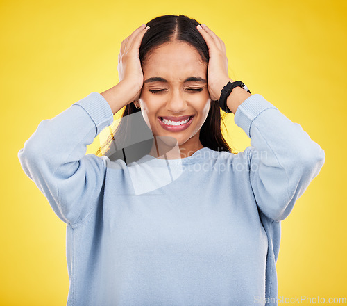 Image of Stress, frustrated and woman with headache, pain and depression on a studio background. Female, lady and anxiety with migraine, tension and strain with injury, emergency and mind fatigue on backdrop