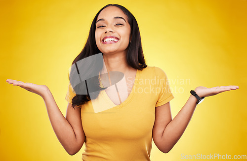 Image of Happy, mockup and palm with portrait of woman in studio for choice, announcement and deal. Opportunity, product placement and promotion with female on yellow background for branding, offer and show