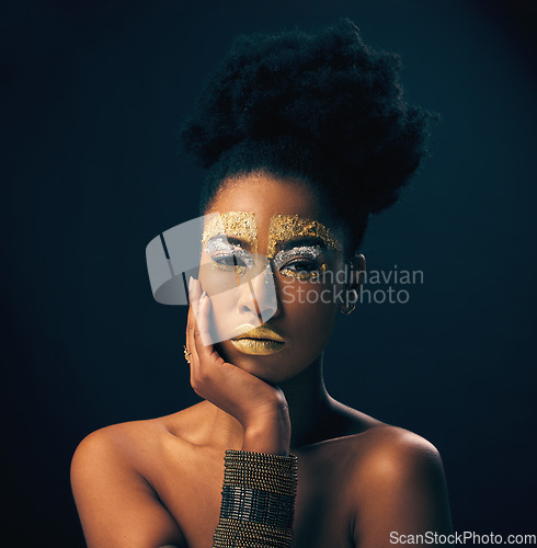 Image of Makeup, gold and glitter with portrait of black woman in studio for luxury, cosmetics and African pride. Natural, creative art and goddess with female model on background for queen, bronze or glamour