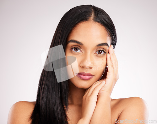 Image of Beauty, hairstyle and touch with portrait of woman in studio for keratin treatment, shampoo and glow. Salon, texture and natural with model on white background for shine, satisfaction and results