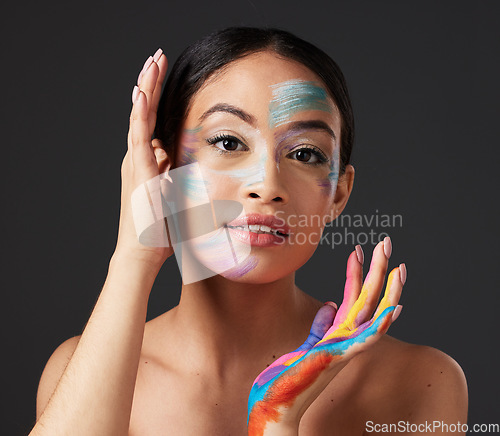 Image of Beauty, art and face paint, portrait of woman with creative makeup and self expression. Skincare, creativity and color in artistic cosmetics, aesthetic and freedom to express for young beautiful girl