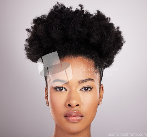 Image of Skincare, beauty and face, portrait black woman with pride, white background and cosmetics product. Health, dermatology and natural makeup, African model in studio for healthy skin care and wellness.