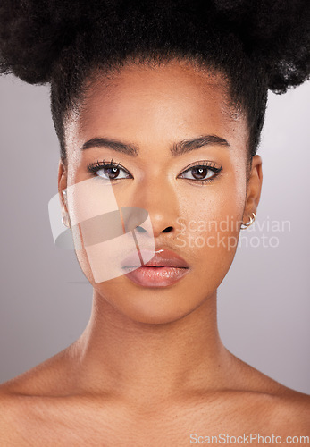 Image of Skincare, beauty and portrait of black woman with confidence, white background and cosmetics product. Health, dermatology and natural makeup, African model in studio for healthy skin and wellness.