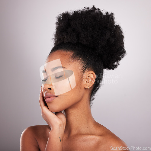 Image of Skincare, beauty and black woman with eyes closed in confidence, white background and cosmetics product. Health, dermatology and natural makeup, African model in studio for healthy skin and wellness.