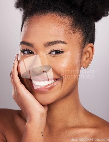 Image of Skincare, beauty and smile, portrait black woman with confidence, white background and cosmetics. Health, dermatology and natural makeup and African model face in studio, healthy skin and care.