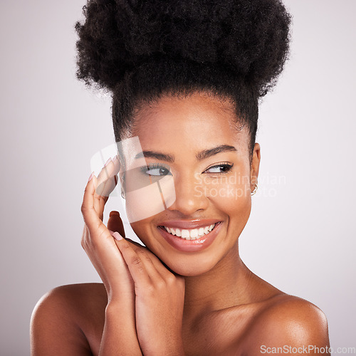 Image of Skincare, beauty and smile, black woman with confidence, white background and cosmetics product. Health, dermatology and natural makeup, African model in studio for healthy skin care and wellness.