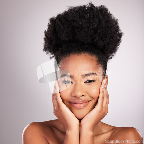 Image of Skincare, makeup and portrait black woman with confidence, white background and cosmetics product. Health, dermatology and natural beauty, African model in studio for healthy skin care and wellness.