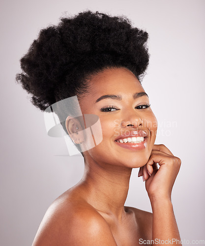 Image of Skincare, beauty and smile, portrait black woman with confidence, white background and cosmetics product. Health, dermatology and natural makeup, model in studio for healthy skin care and wellness.