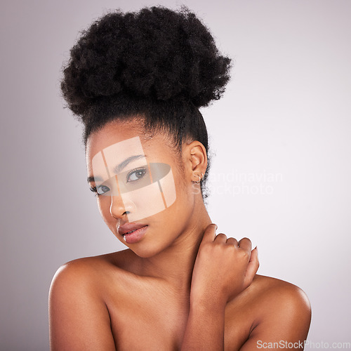 Image of Beauty, makeup and portrait black woman with confidence, white background and cosmetics. Health, dermatology and natural skincare and African model in studio for healthy skin care and wellness.