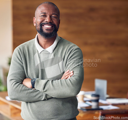 Image of Business, confidence and portrait black man with smile in office, startup ceo or owner at hr company. Happiness, project management and happy, confident professional businessman at recruitment agency