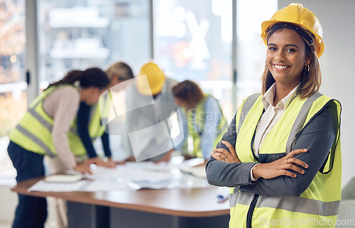 Image of Proud engineering portrait of woman with project management, industry mindset and development goals in office. Happy construction worker, industrial contractor or indian person in architecture career