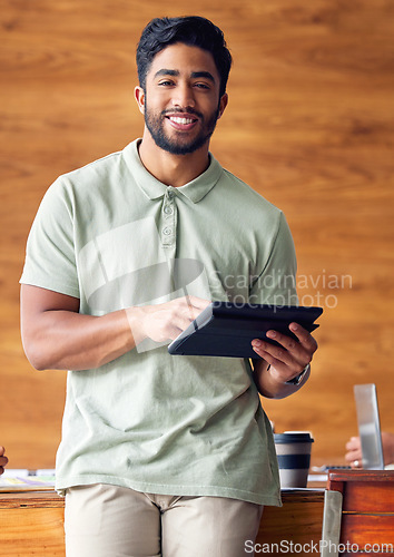 Image of Business, confidence and portrait of Indian man with tablet in office, startup ceo or owner at hr company. Happiness, project management and professional businessman with smile at recruitment agency.