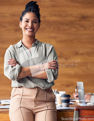 Image of Business, confidence and portrait of hispanic happy woman in office, startup ceo or owner at hr company. Happiness, project management and professional businesswoman with smile at recruitment agency.