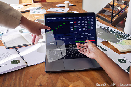 Image of Laptop screen, stock market and hands of people in meeting, data analytics and statistics analysis or review growth. Computer, software and trading, investment and online profit with analyst teamwork
