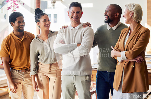 Image of Startup business people, leader man and happy in portrait for team building, laughter and funny time together. Men, women and support with friends, manager and happiness in workplace with diversity