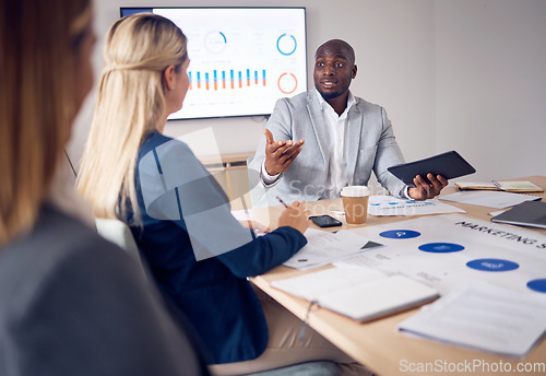 Image of Planning, presentation and people with business growth meeting, corporate charts or graph and data analysis of profit revenue. Professional black man, boss or manager speaking to employees or clients