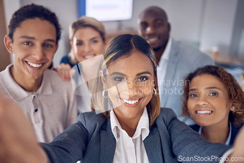 Image of Selfie, office portrait and business people in group for corporate meeting, staff photography or diversity post. Happy professional friends, career influencer or employees in teamwork profile picture