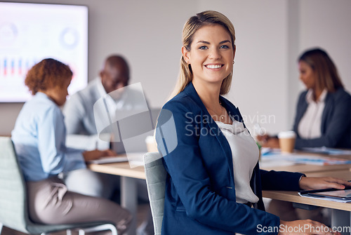 Image of Happy portrait of business woman in office meeting with mindset for employee engagement, leadership and planning. Face of corporate manager, professional or worker person with job or company mission