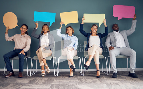 Image of Speech bubble, waiting room and people in business recruitment, social media chat icon, and networking cardboard sign. Corporate group of people with voice communication or hiring portrait and mockup