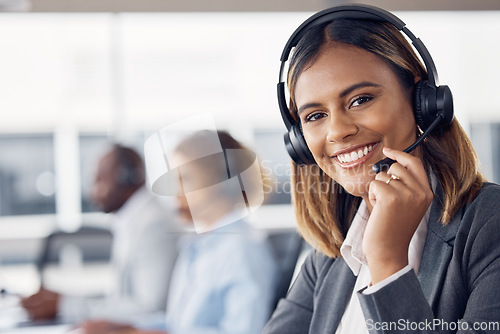 Image of Woman, call center and smile with headset mic for telemarketing, customer service or support at the office. Portrait of happy female consultant agent smiling with headphones for online advice or help