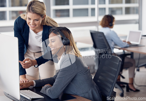 Image of Call center woman, computer and coach for learning, reading and customer support with happiness at job. Indian telemarketing consultant, mentor and crm training with pointing at monitor with manager